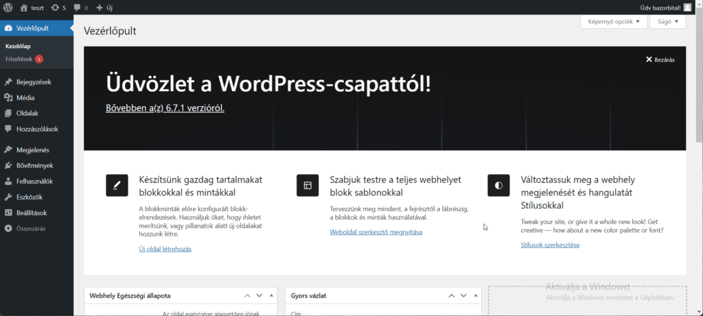 Wordpress vezérlőpult
